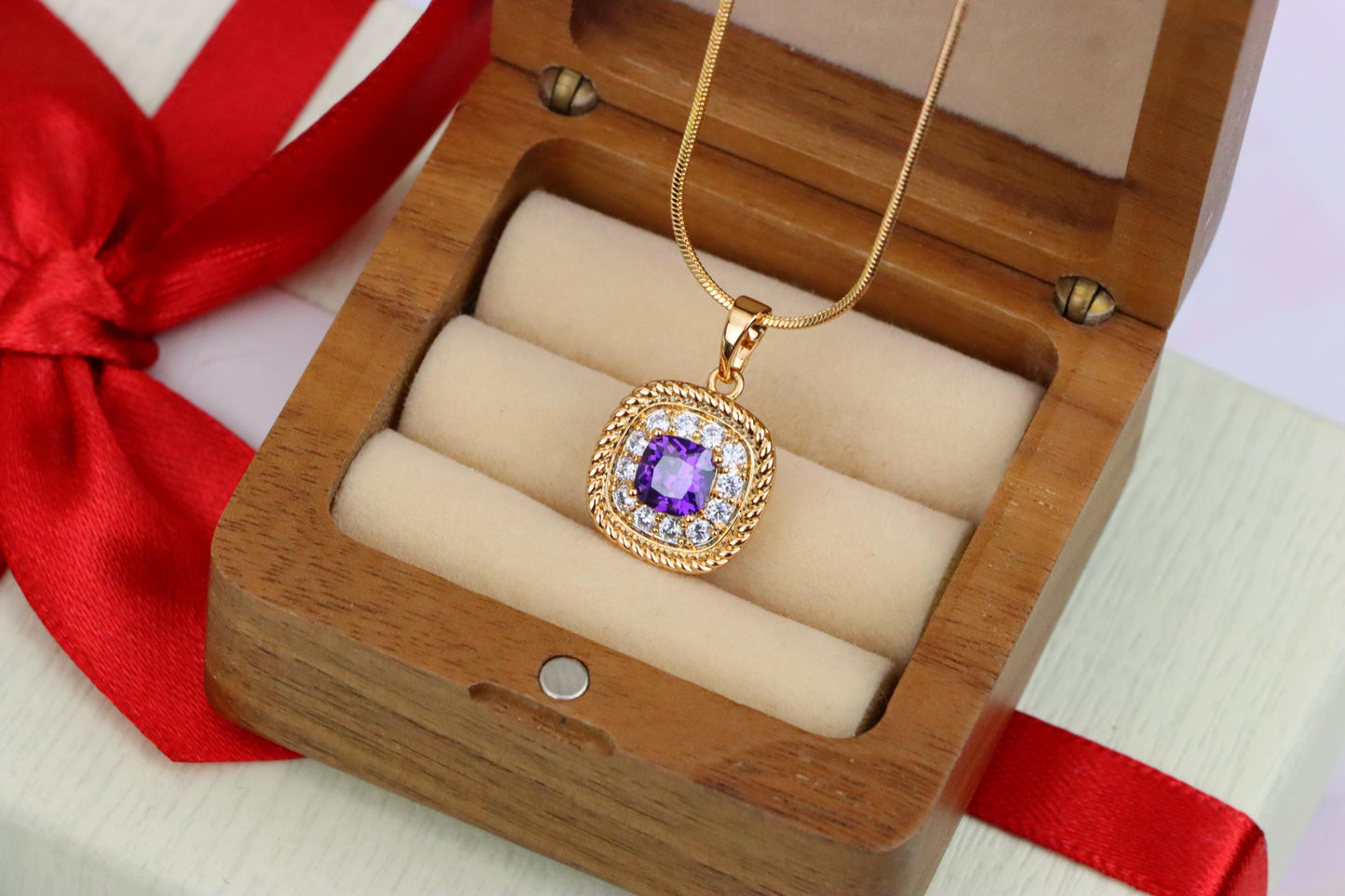 Elegant Purple Square Pendant with Sparkling Border in Gold Finish, XPPT1658 (2163-1)