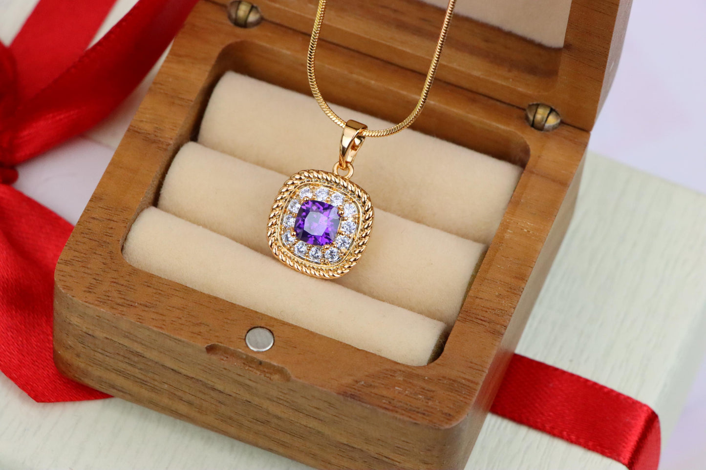 Elegant Purple Square Pendant with Sparkling Border in Gold Finish, XPPT1658 (2163-1)