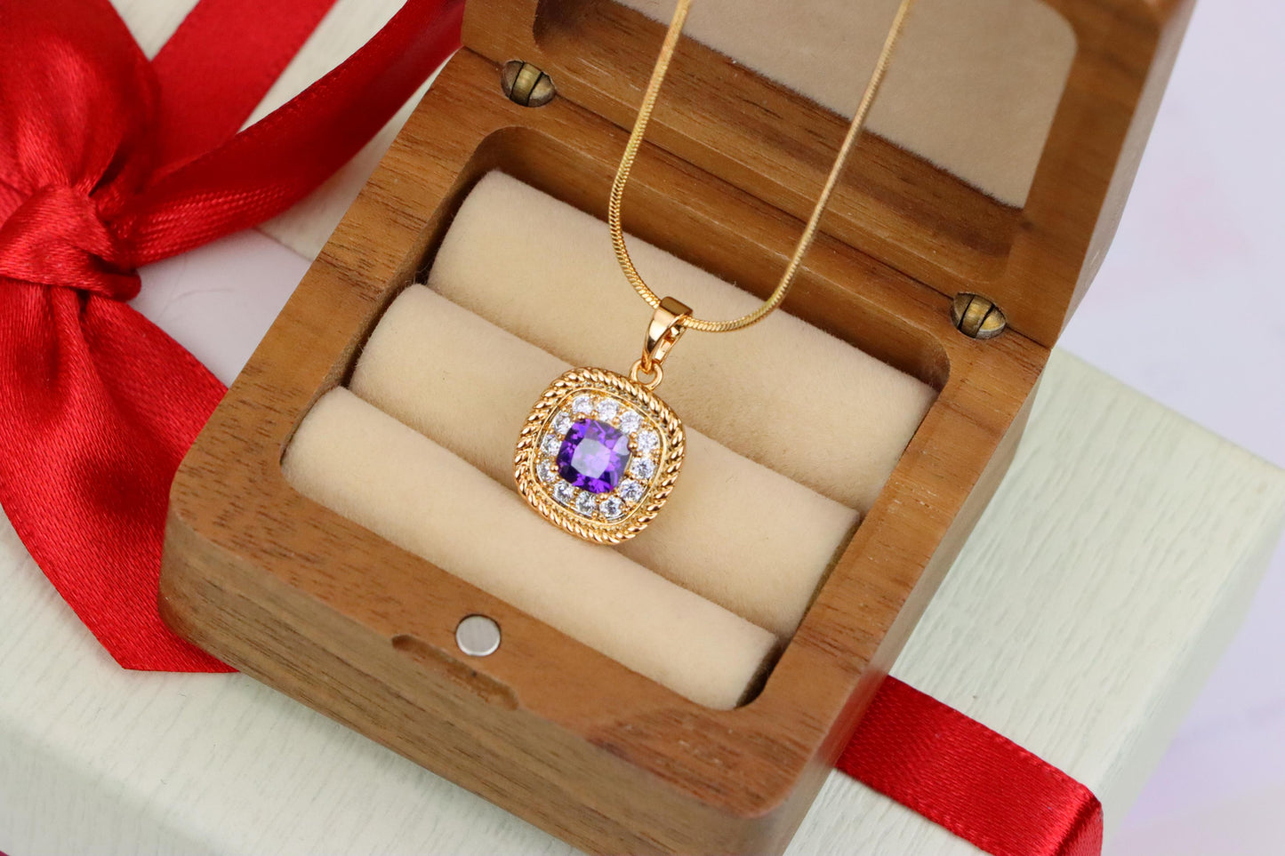 Elegant Purple Square Pendant with Sparkling Border in Gold Finish, XPPT1658 (2163-1)
