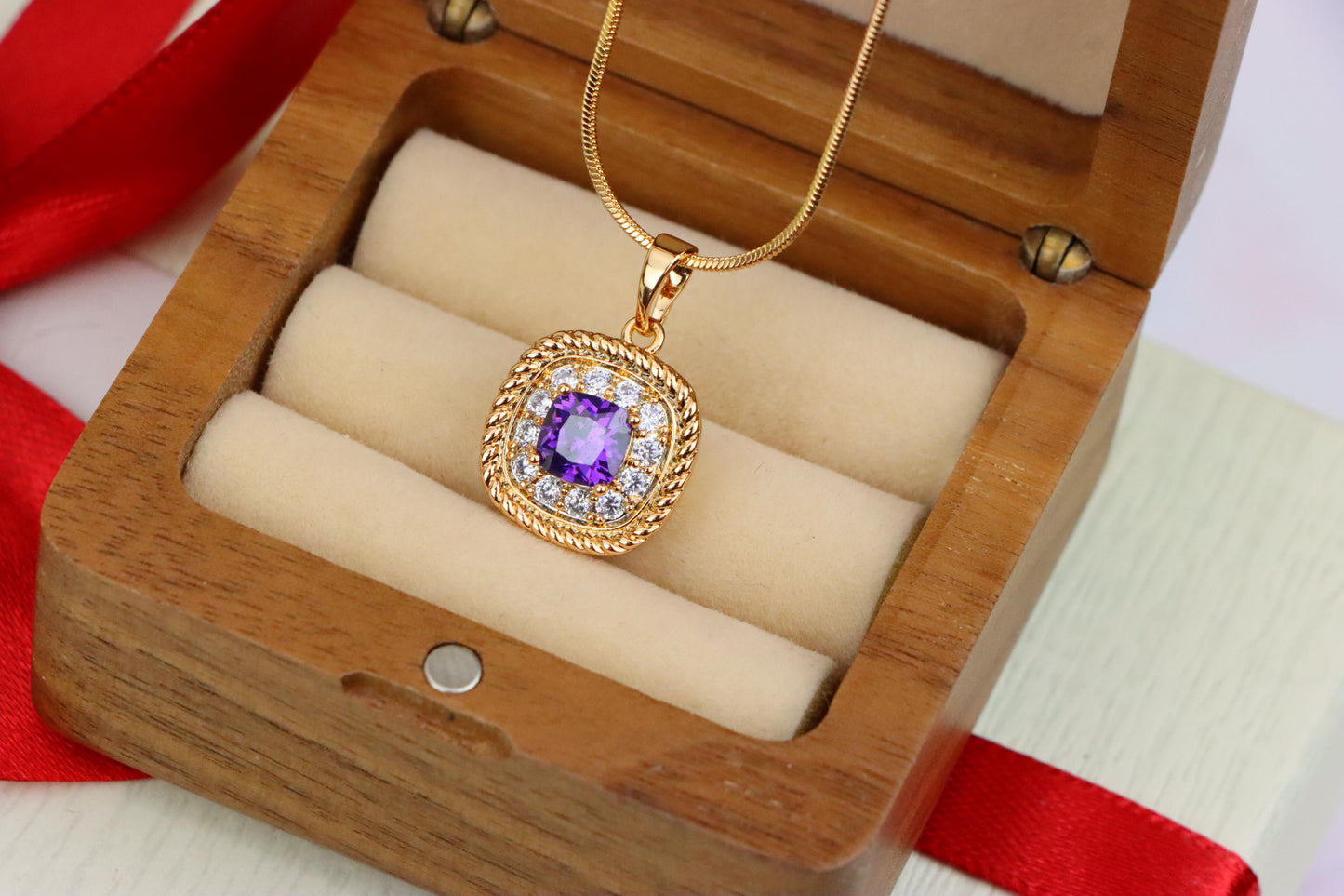 Elegant Purple Square Pendant with Sparkling Border in Gold Finish, XPPT1658 (2163-1)