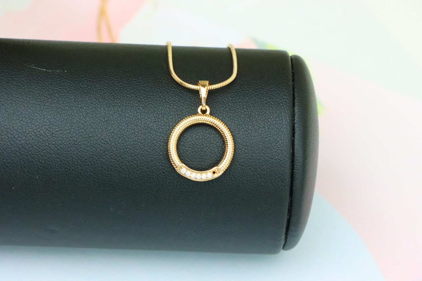 Rose Gold Textured Circle Pendant with Crystal Accent Detail, XPPT1489 (2138-8)
