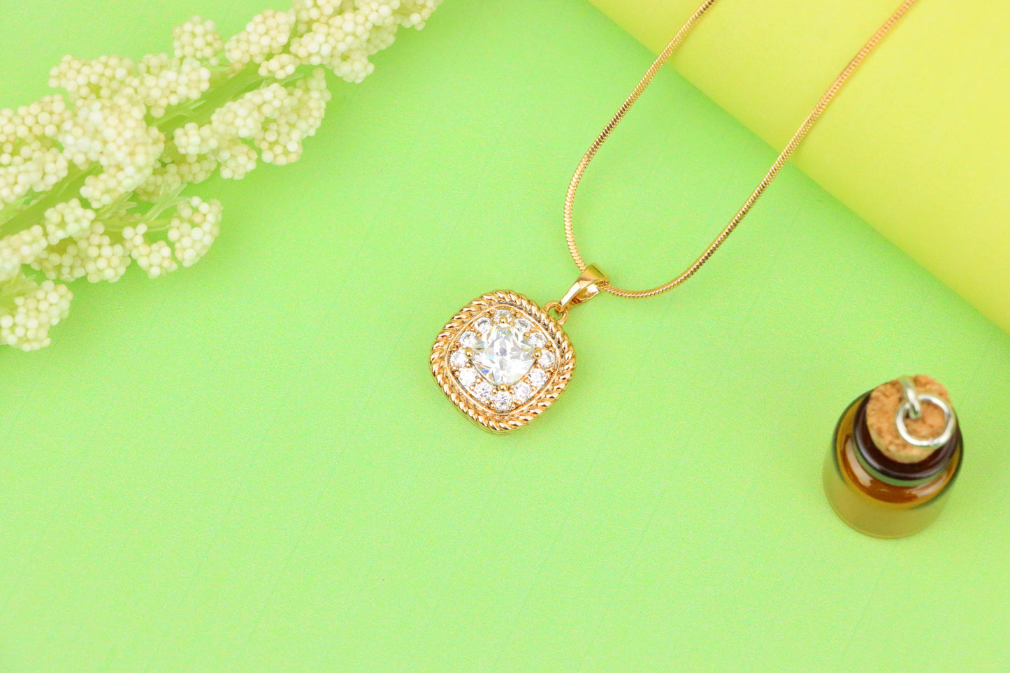 Classic White Cushion Pendant with Gold Textured Frame and Sparkle, XPPT1659 (2163-1)
