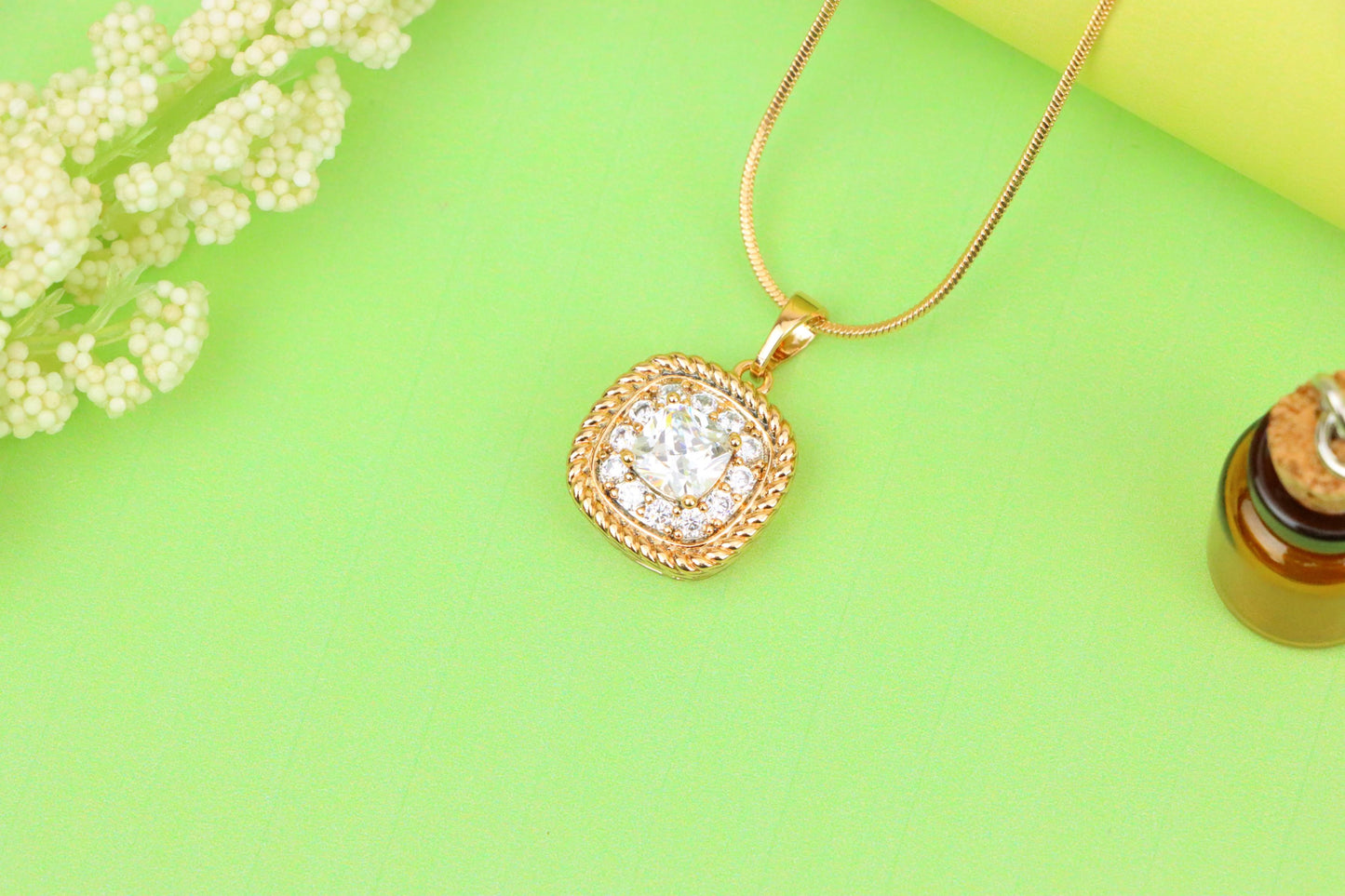 Classic White Cushion Pendant with Gold Textured Frame and Sparkle, XPPT1659 (2163-1)