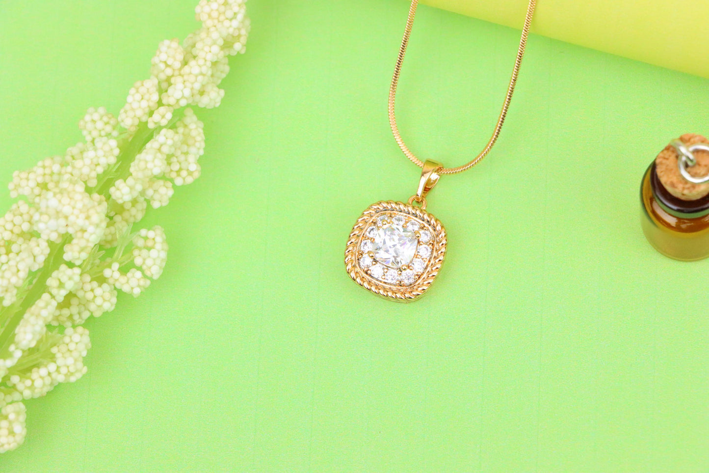 Classic White Cushion Pendant with Gold Textured Frame and Sparkle, XPPT1659 (2163-1)