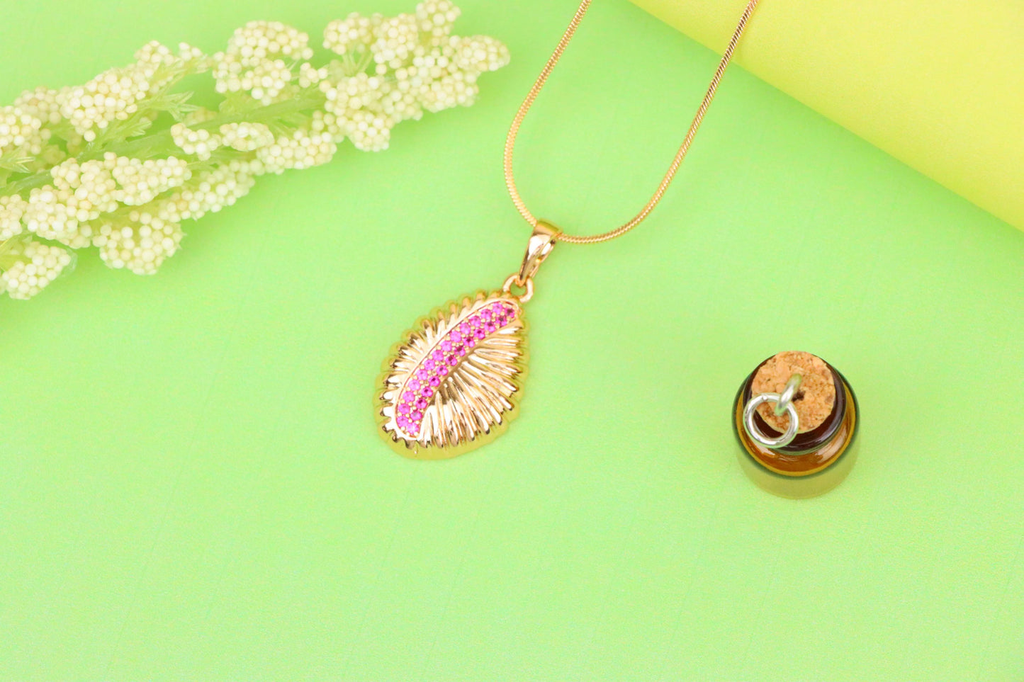Rose Gold Textured Pendant with Pink Stone Accent in Leaf Design, XPPT1490 (2138-9)