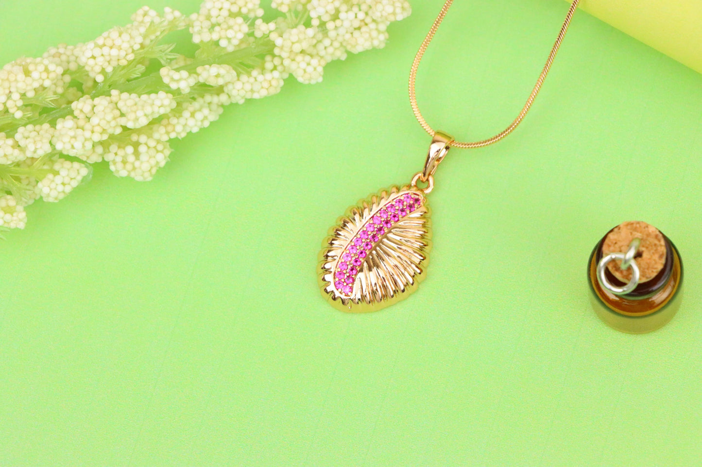 Rose Gold Textured Pendant with Pink Stone Accent in Leaf Design, XPPT1490 (2138-9)