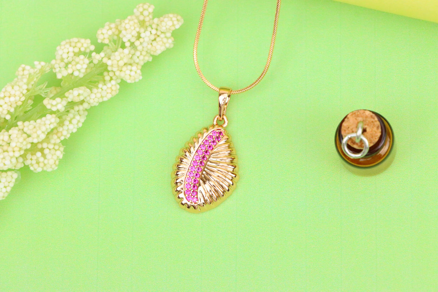 Rose Gold Textured Pendant with Pink Stone Accent in Leaf Design, XPPT1490 (2138-9)