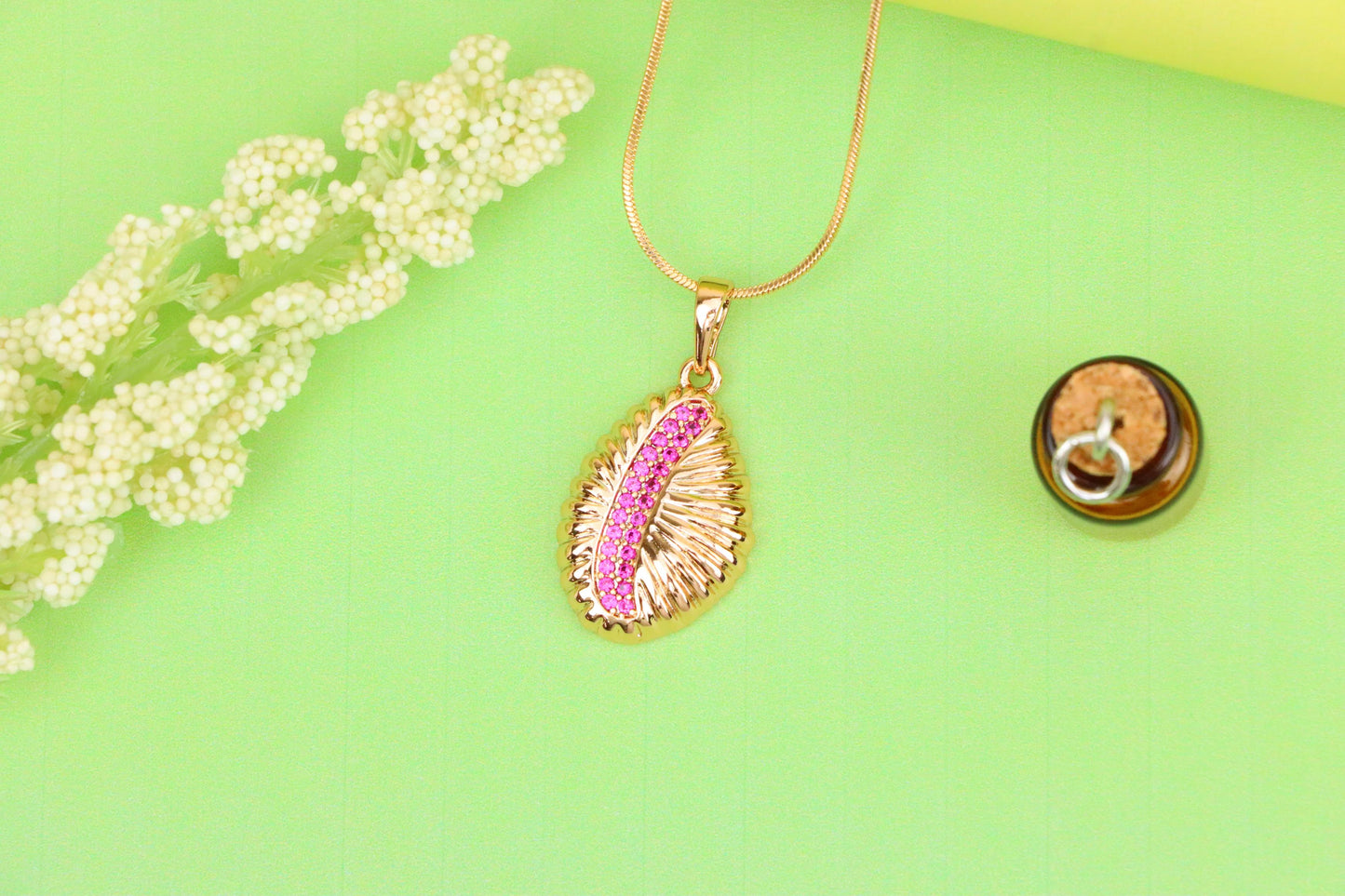 Rose Gold Textured Pendant with Pink Stone Accent in Leaf Design, XPPT1490 (2138-9)