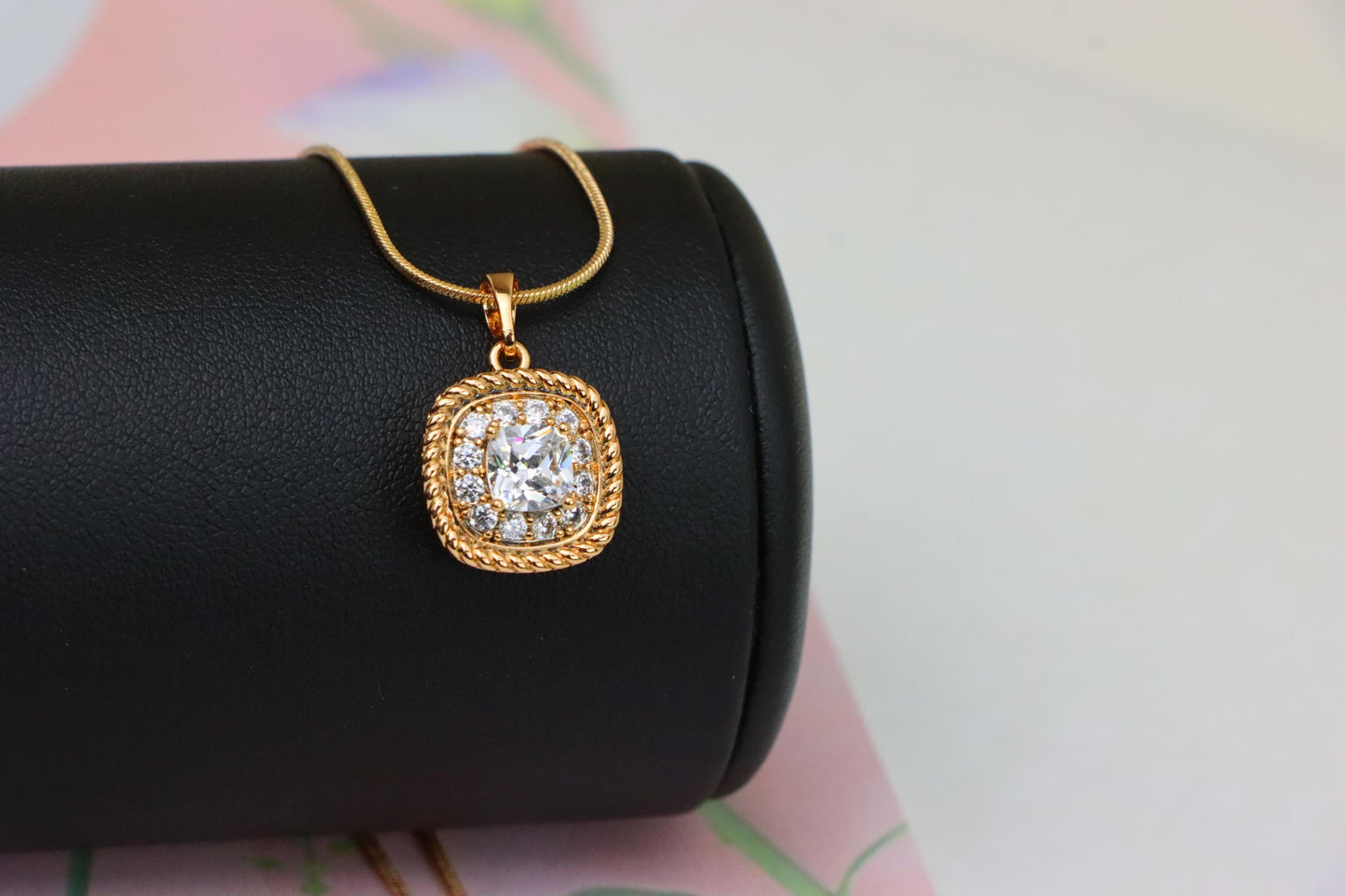 Classic White Cushion Pendant with Gold Textured Frame and Sparkle, XPPT1659 (2163-1)