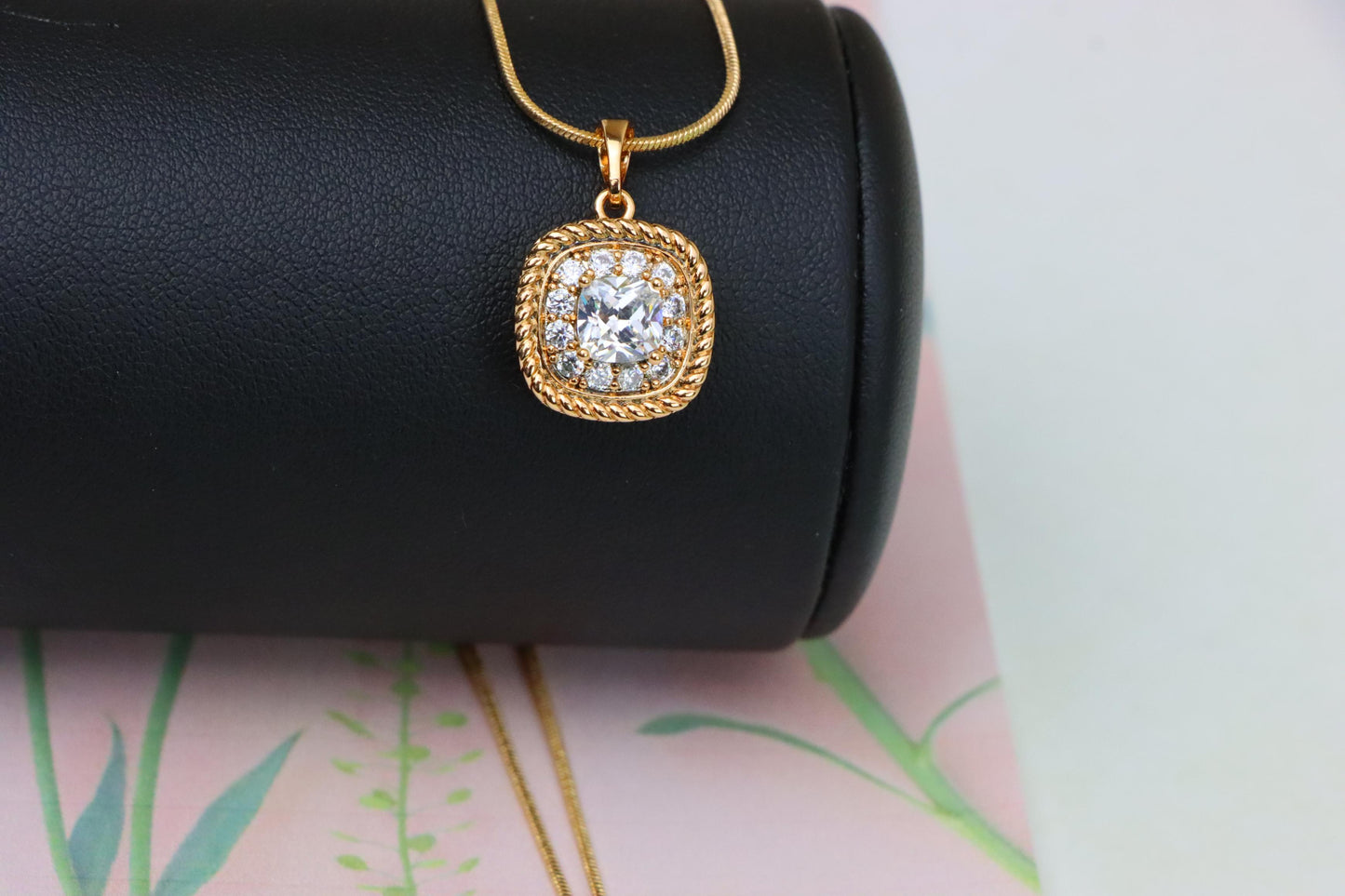 Classic White Cushion Pendant with Gold Textured Frame and Sparkle, XPPT1659 (2163-1)
