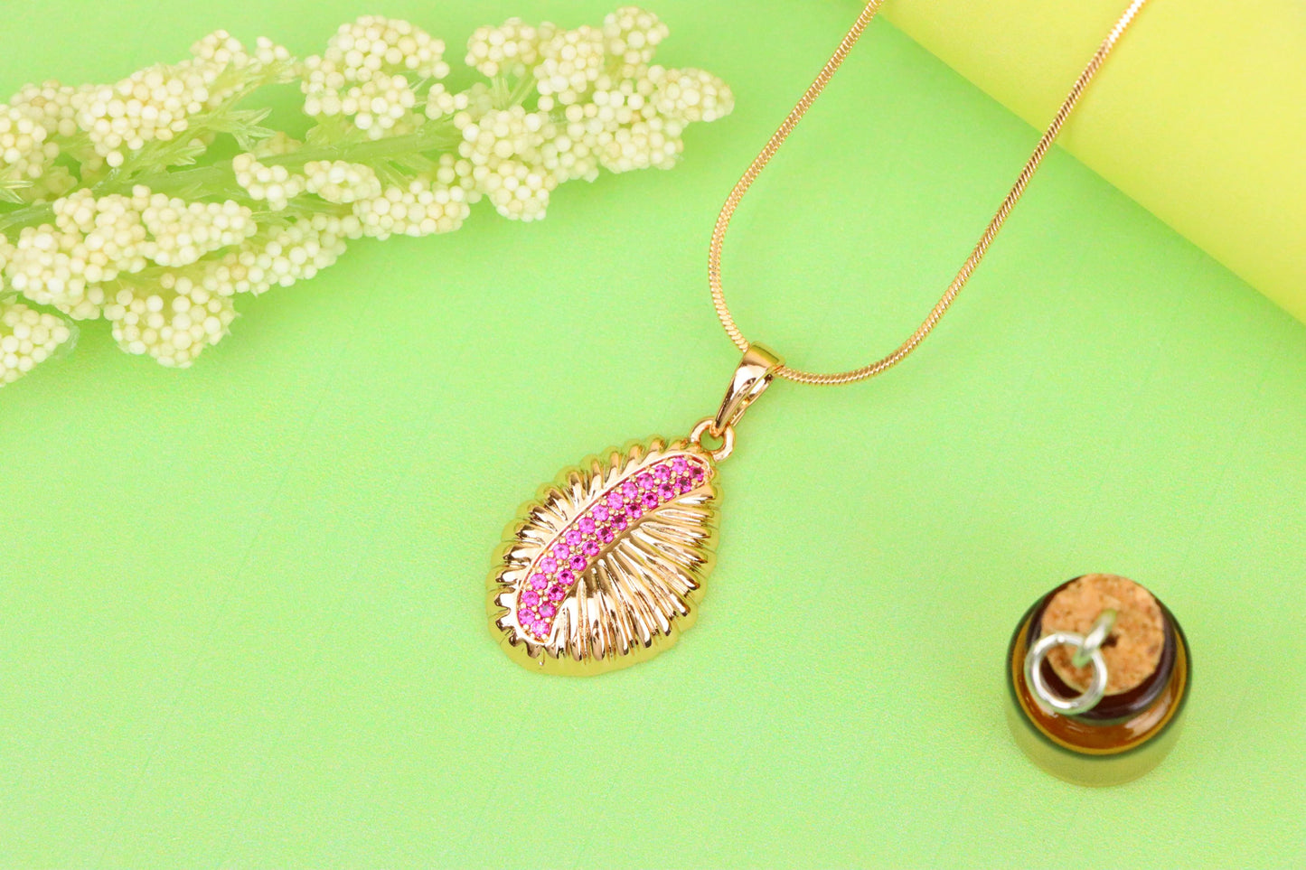Rose Gold Textured Pendant with Pink Stone Accent in Leaf Design, XPPT1490 (2138-9)