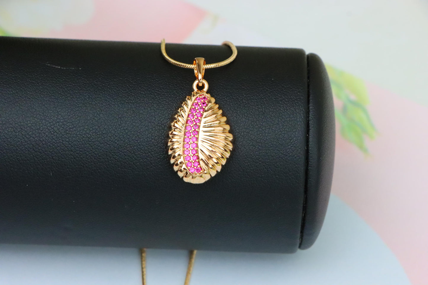 Rose Gold Textured Pendant with Pink Stone Accent in Leaf Design, XPPT1490 (2138-9)