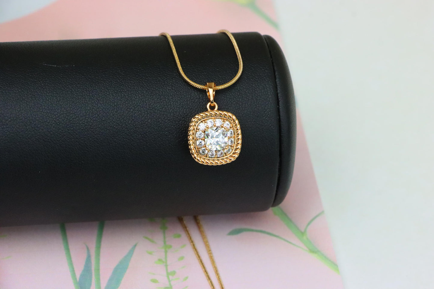 Classic White Cushion Pendant with Gold Textured Frame and Sparkle, XPPT1659 (2163-1)