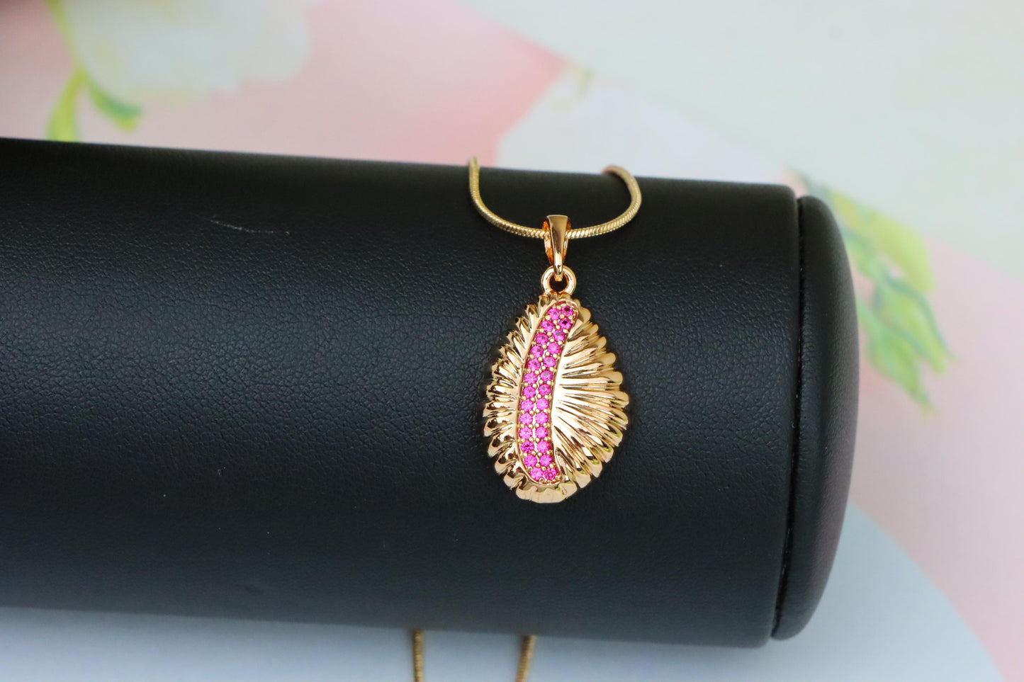Rose Gold Textured Pendant with Pink Stone Accent in Leaf Design, XPPT1490 (2138-9)