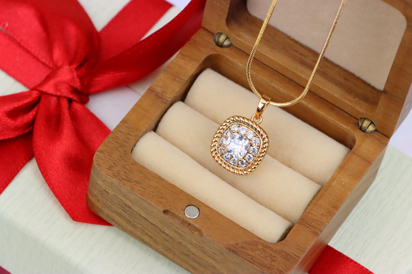 Classic White Cushion Pendant with Gold Textured Frame and Sparkle, XPPT1659 (2163-1)