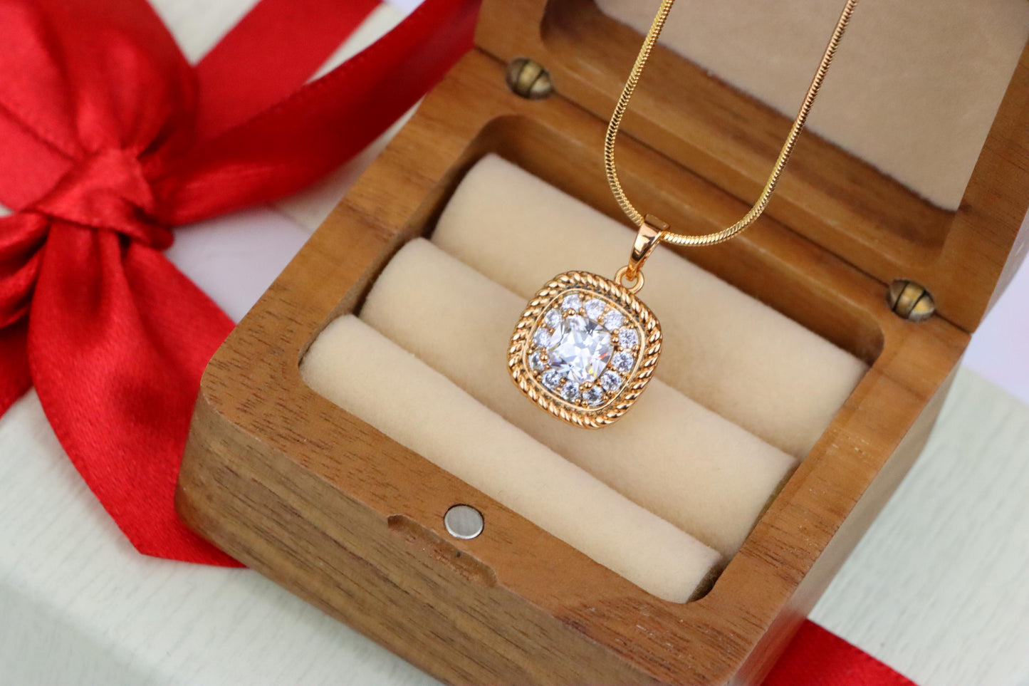 Classic White Cushion Pendant with Gold Textured Frame and Sparkle, XPPT1659 (2163-1)