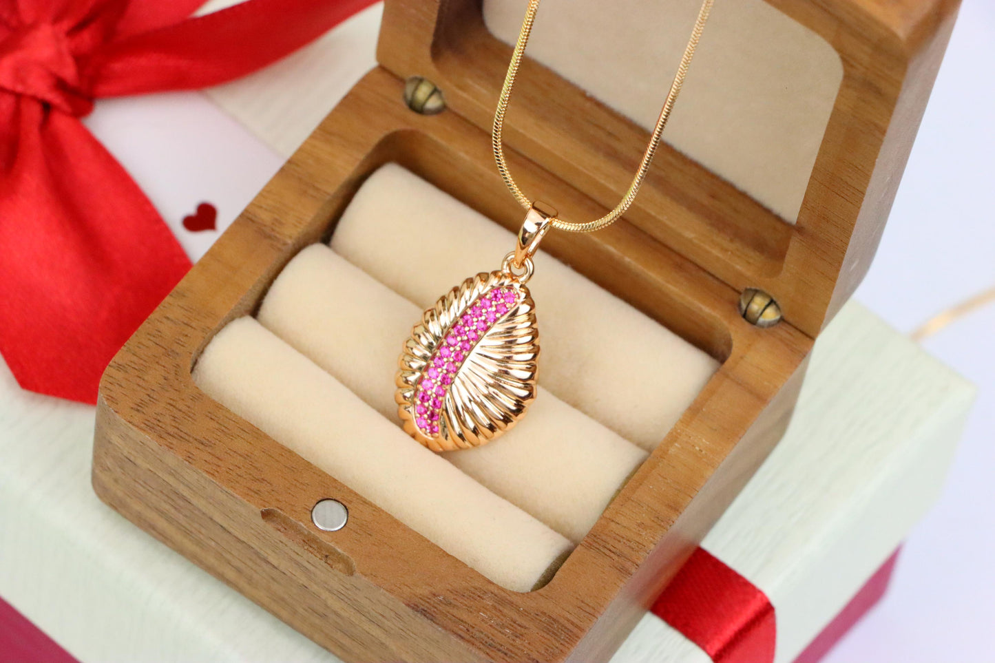 Rose Gold Textured Pendant with Pink Stone Accent in Leaf Design, XPPT1490 (2138-9)