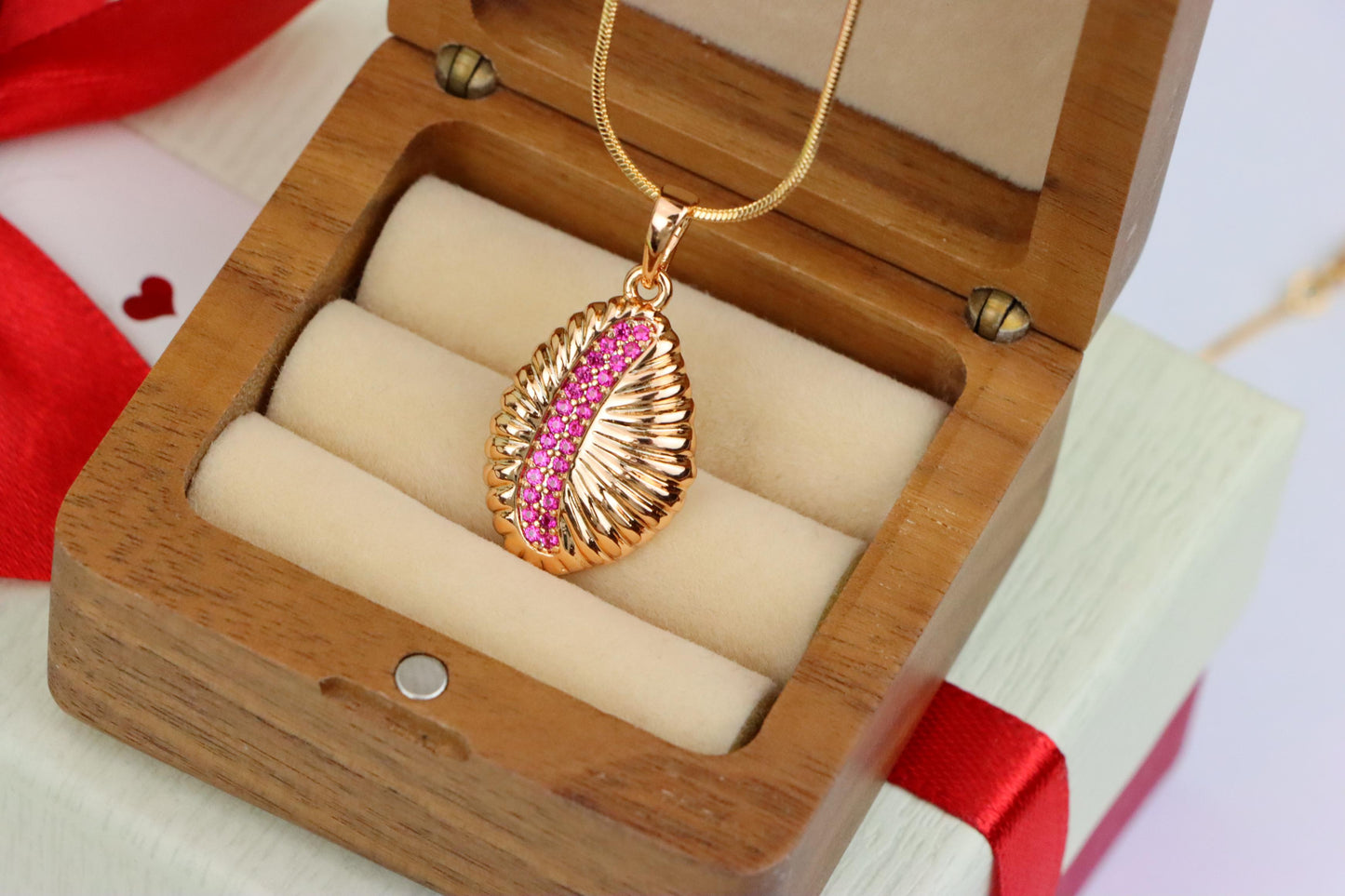 Rose Gold Textured Pendant with Pink Stone Accent in Leaf Design, XPPT1490 (2138-9)