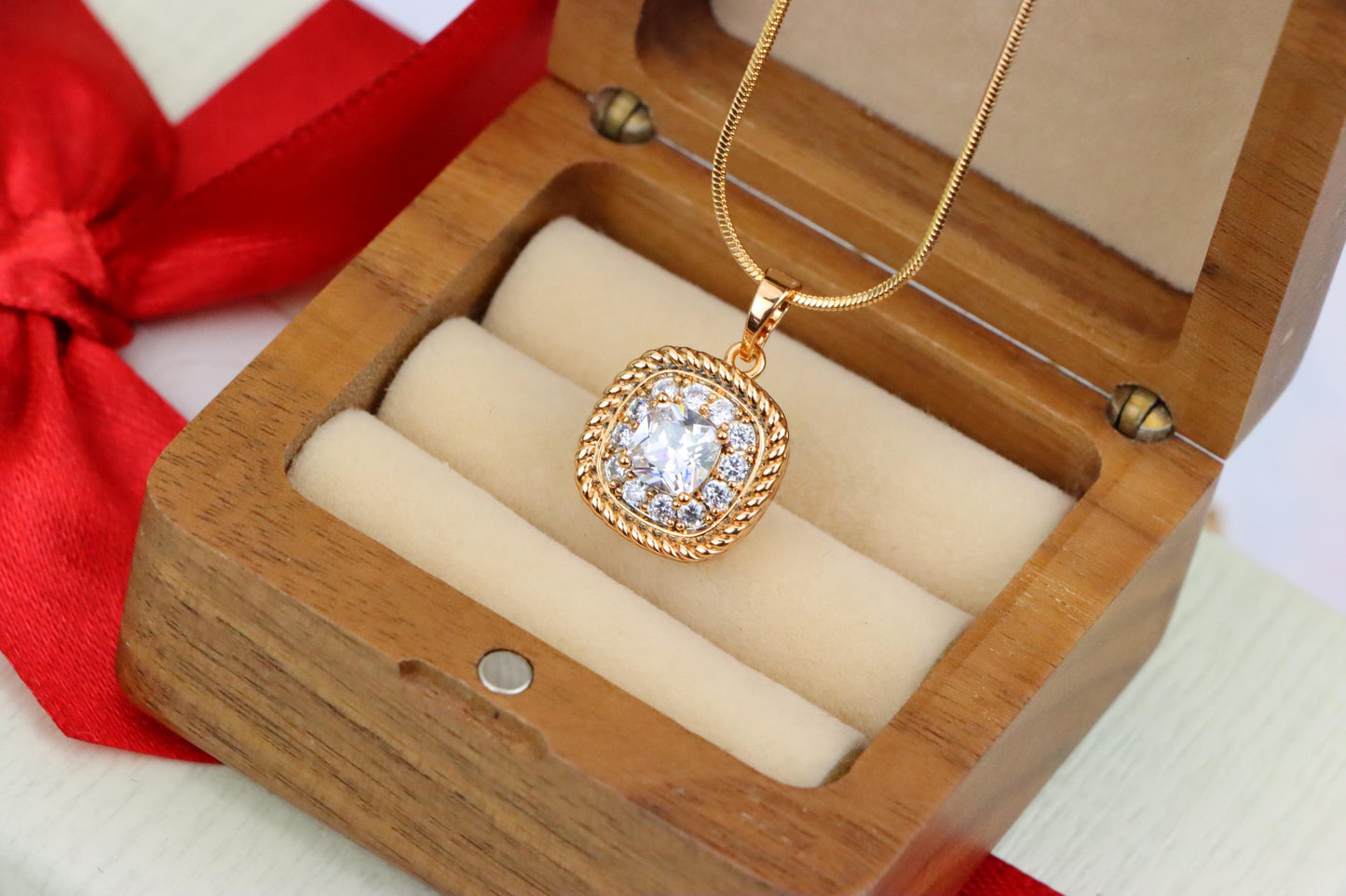 Classic White Cushion Pendant with Gold Textured Frame and Sparkle, XPPT1659 (2163-1)