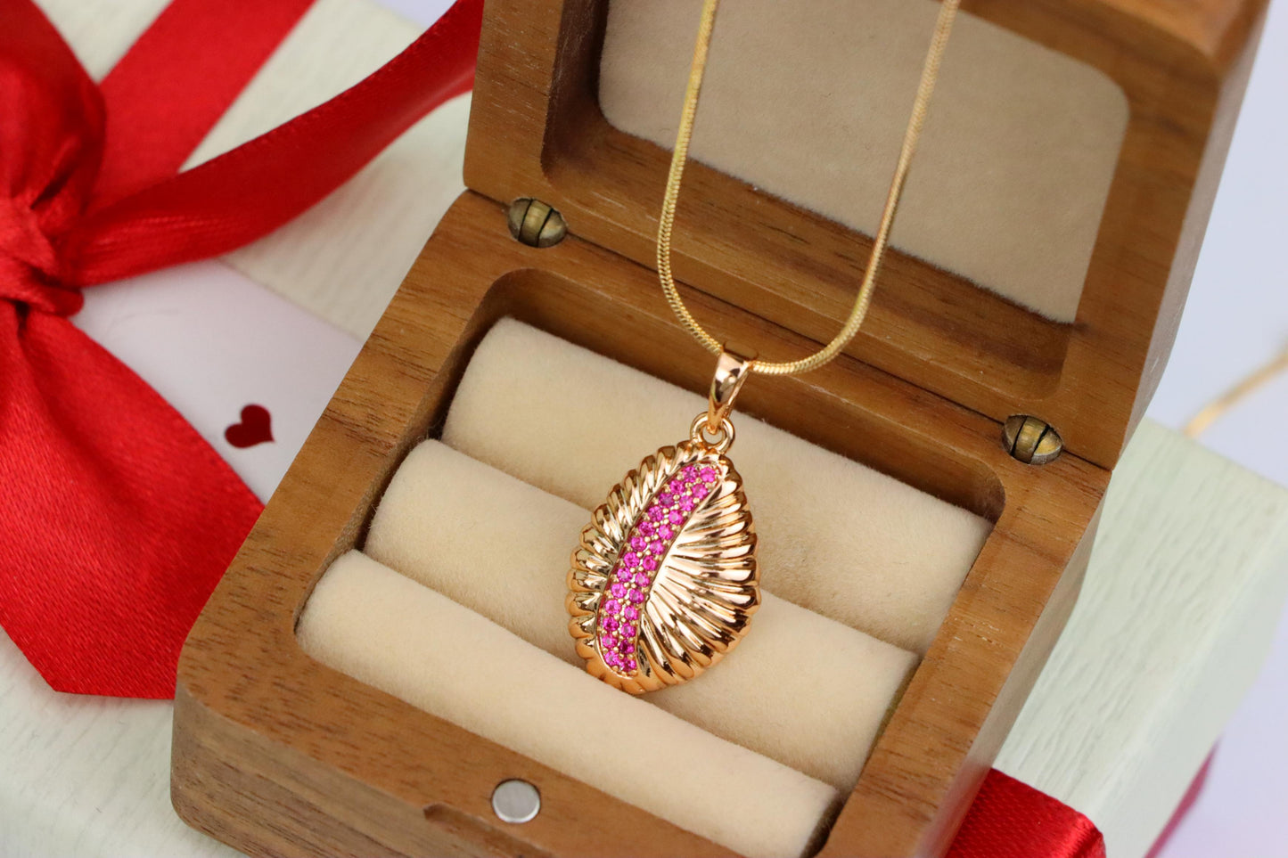 Rose Gold Textured Pendant with Pink Stone Accent in Leaf Design, XPPT1490 (2138-9)