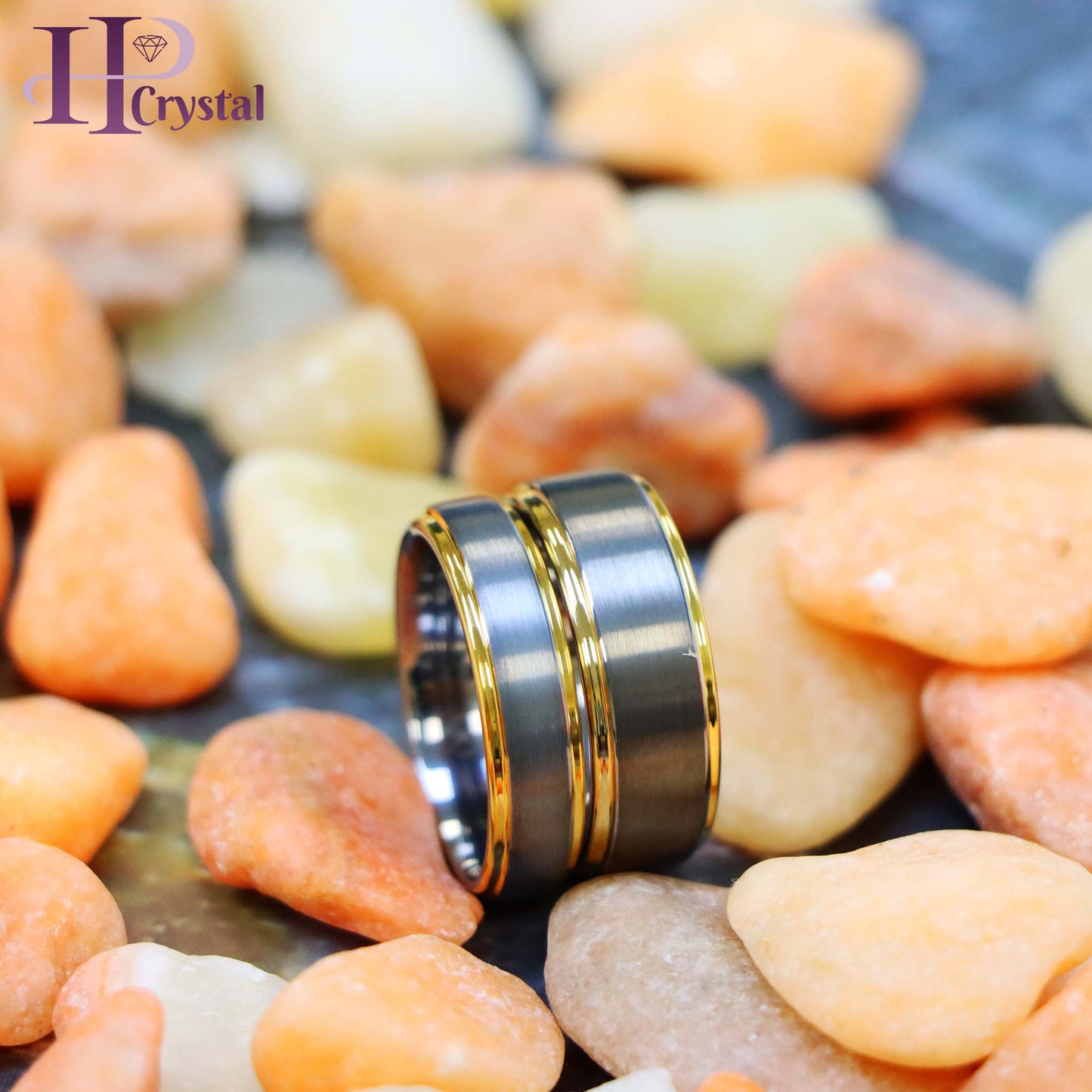 Brushed Center Yellow Gold Plated High Polish Stepped Edge Tungsten Ring