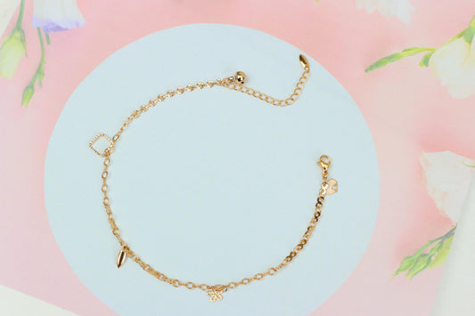 Rose Gold Charm Anklet with Floral, Leaf & Square Link Accents, XPAL1045 (2105-4)