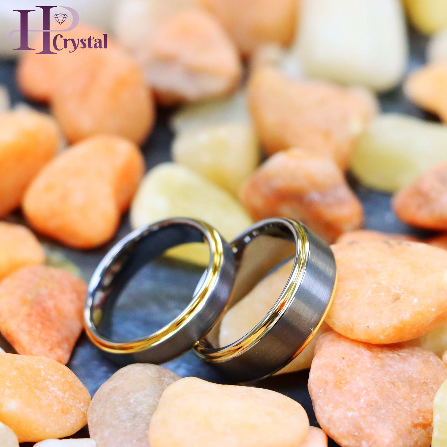 Brushed Center Yellow Gold Plated High Polish Stepped Edge Tungsten Ring