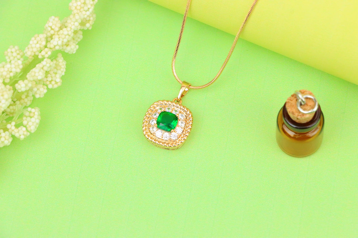 Elegant Green Cushion Pendant with Gold and Crystal Accents, XPPT1660 (2163-1)