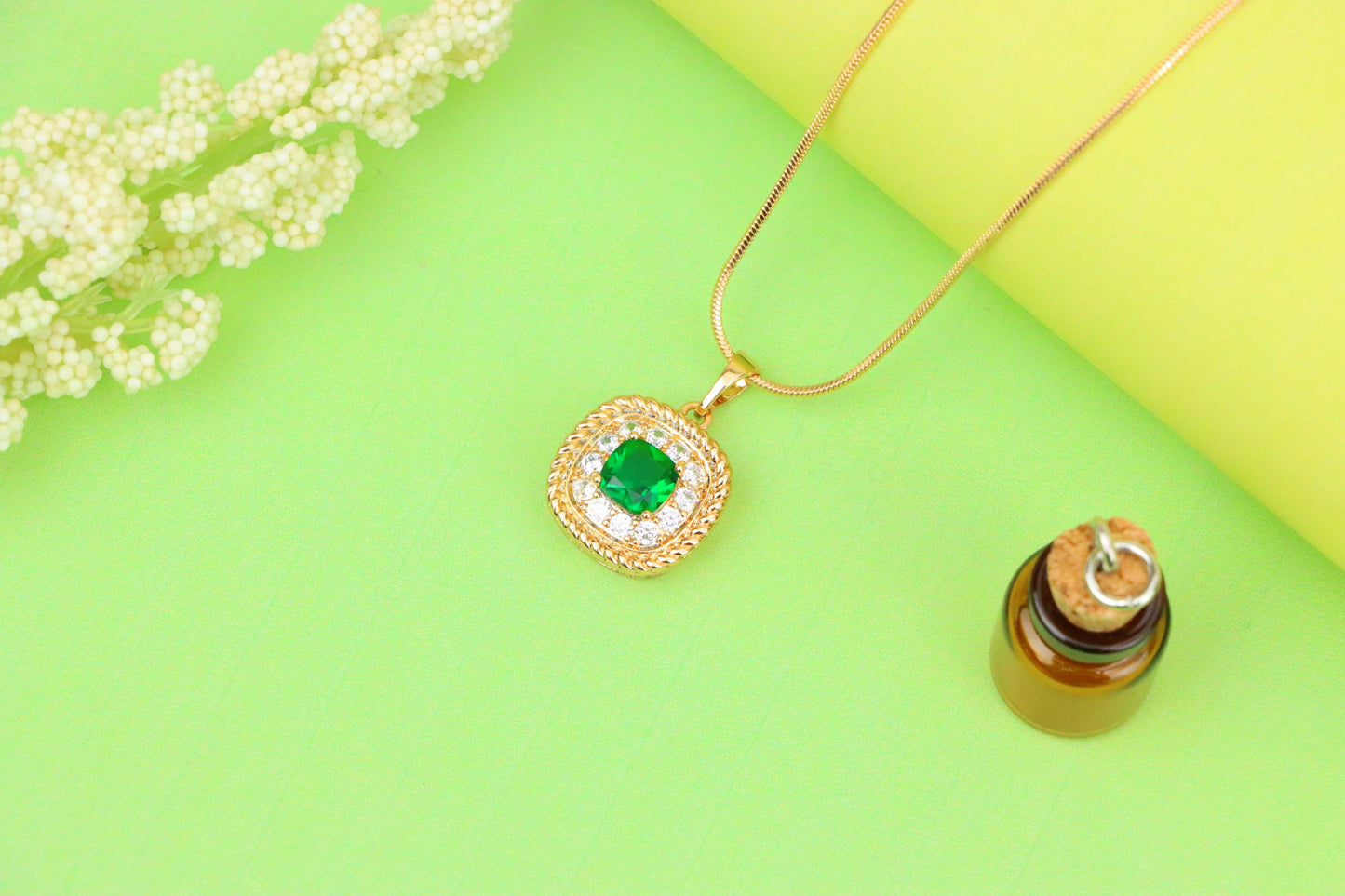 Elegant Green Cushion Pendant with Gold and Crystal Accents, XPPT1660 (2163-1)