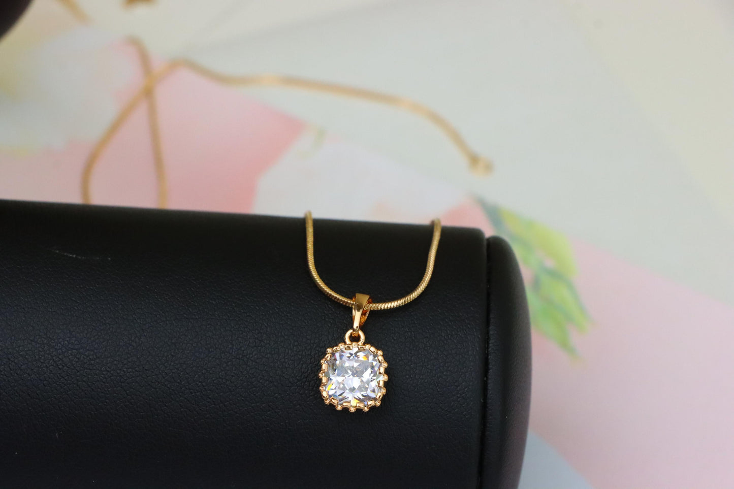 Rose Gold Pendant with Clear Cushion-Cut Stone in Classic Setting, XPPT1491 (2138-10)