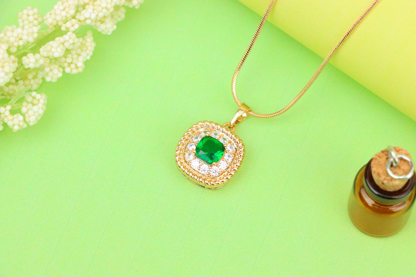 Elegant Green Cushion Pendant with Gold and Crystal Accents, XPPT1660 (2163-1)
