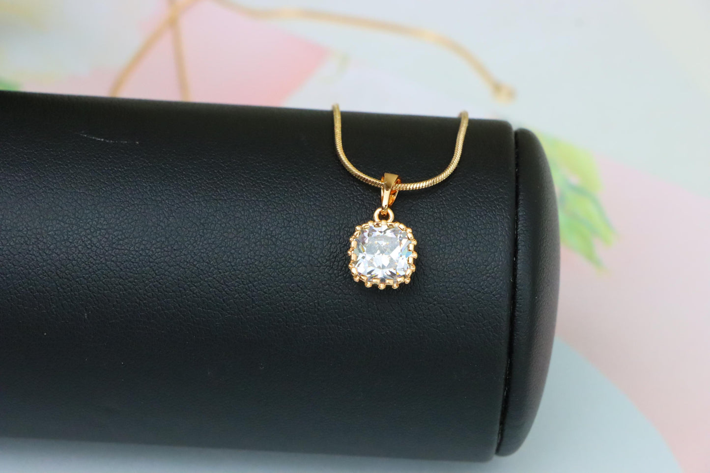 Rose Gold Pendant with Clear Cushion-Cut Stone in Classic Setting, XPPT1491 (2138-10)