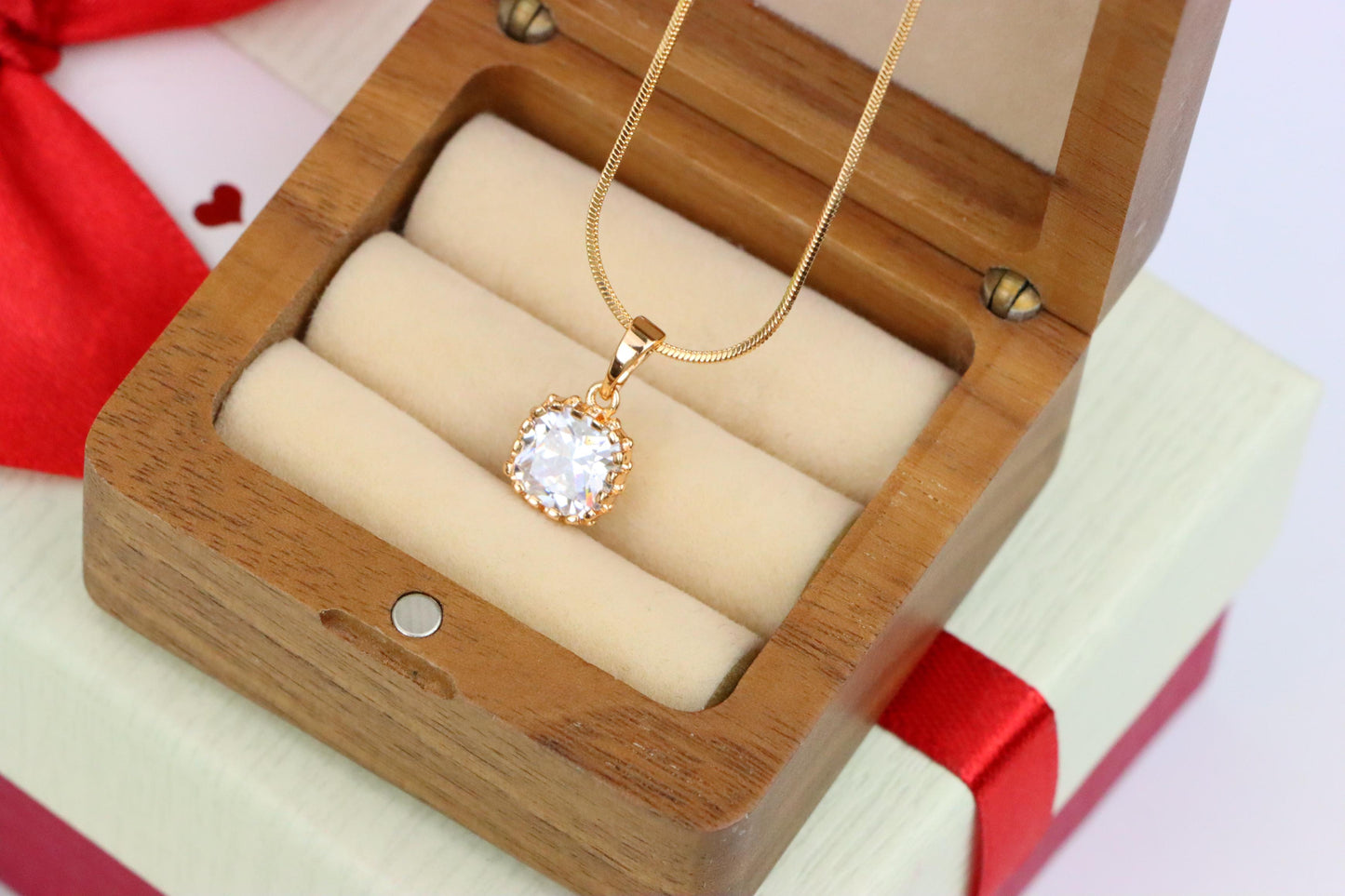 Rose Gold Pendant with Clear Cushion-Cut Stone in Classic Setting, XPPT1491 (2138-10)