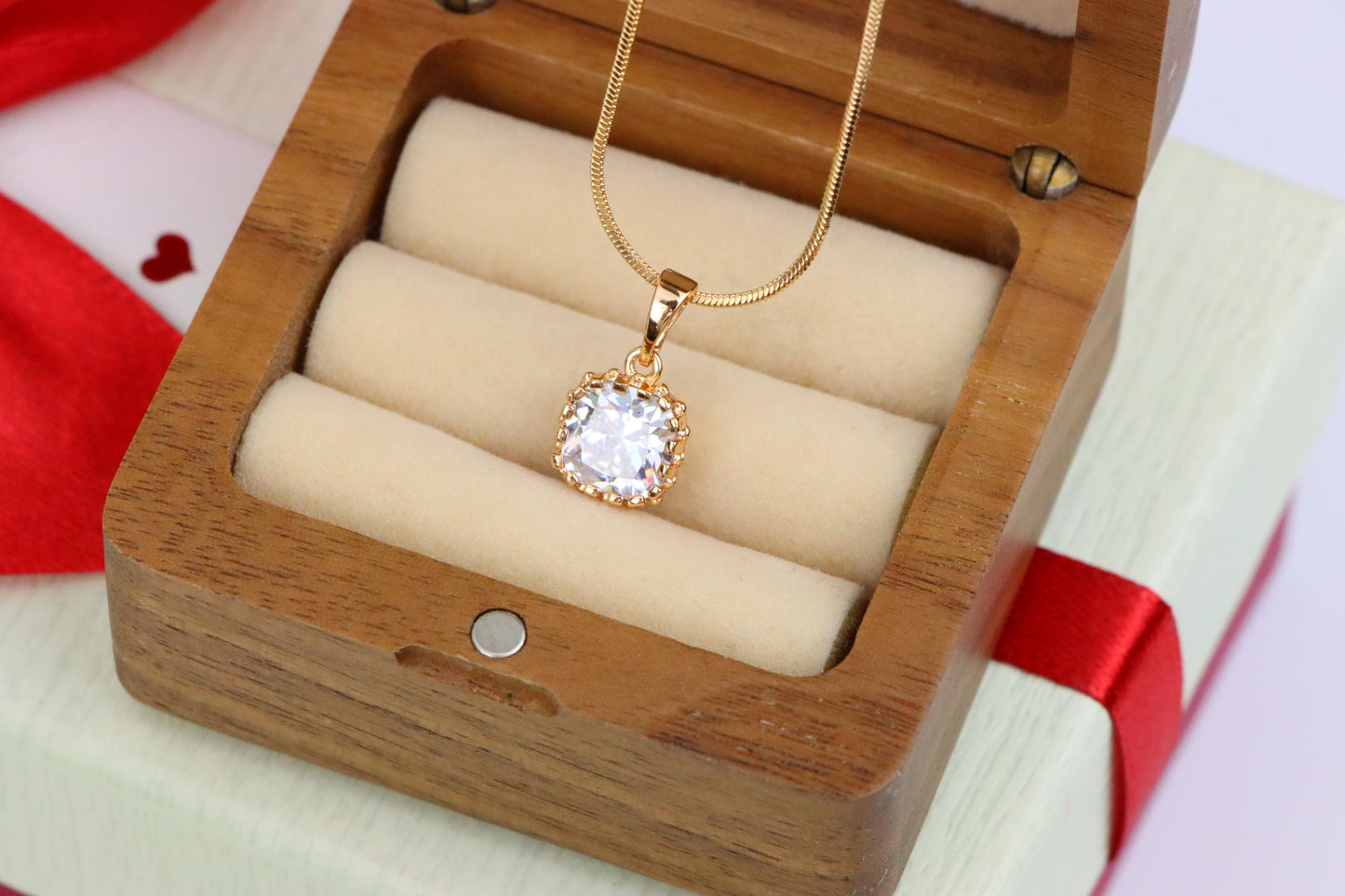Rose Gold Pendant with Clear Cushion-Cut Stone in Classic Setting, XPPT1491 (2138-10)