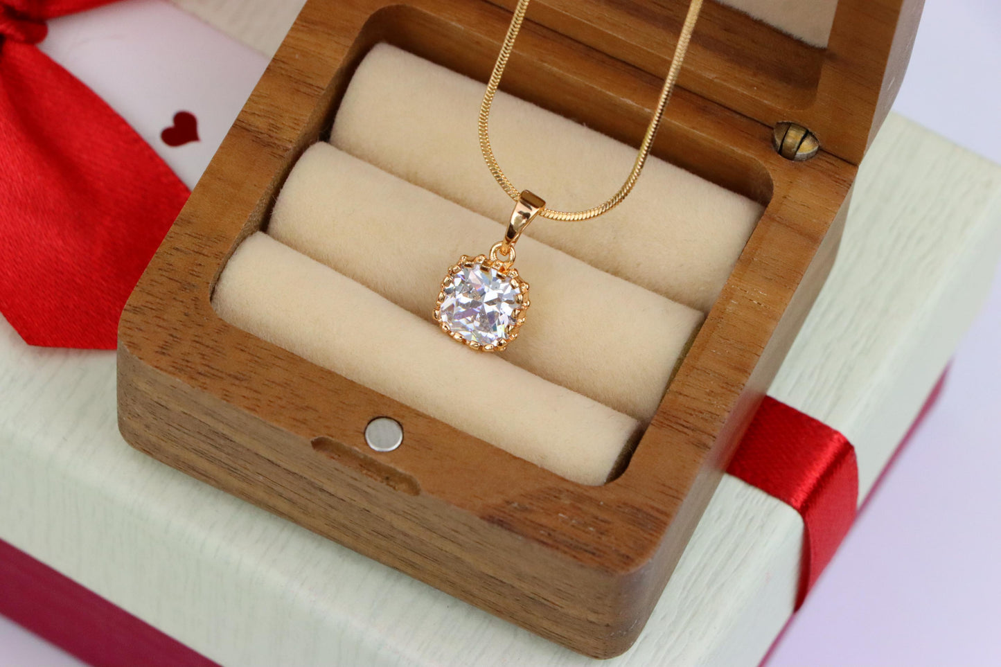 Rose Gold Pendant with Clear Cushion-Cut Stone in Classic Setting, XPPT1491 (2138-10)