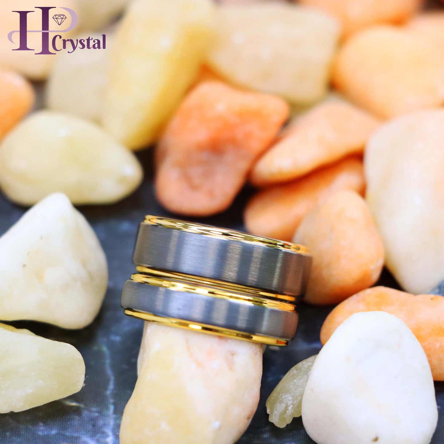 Brushed Center Yellow Gold Plated High Polish Stepped Edge Tungsten Ring
