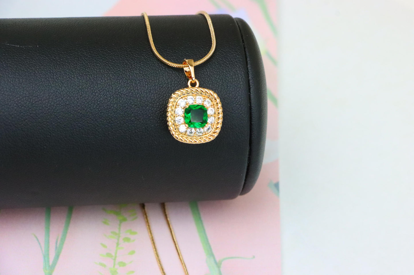 Elegant Green Cushion Pendant with Gold and Crystal Accents, XPPT1660 (2163-1)