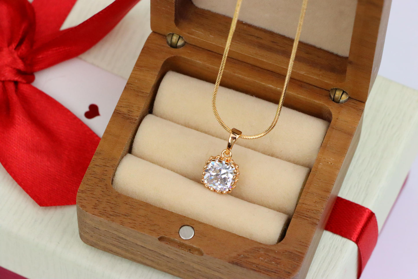 Rose Gold Pendant with Clear Cushion-Cut Stone in Classic Setting, XPPT1491 (2138-10)