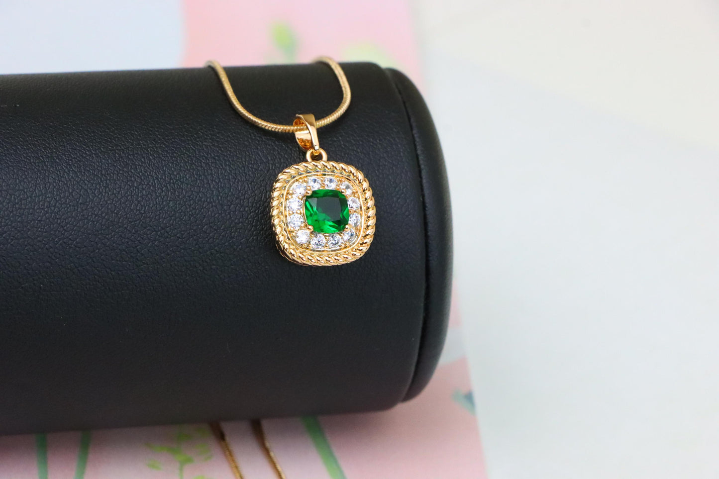 Elegant Green Cushion Pendant with Gold and Crystal Accents, XPPT1660 (2163-1)
