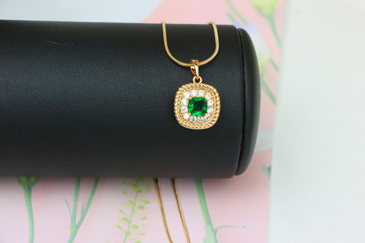 Elegant Green Cushion Pendant with Gold and Crystal Accents, XPPT1660 (2163-1)