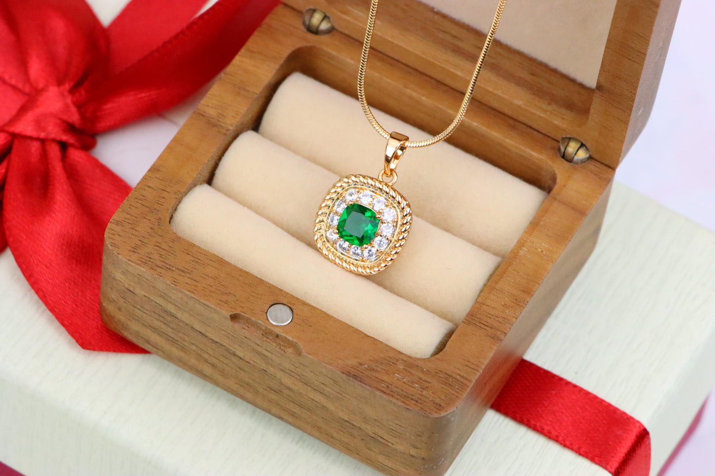 Elegant Green Cushion Pendant with Gold and Crystal Accents, XPPT1660 (2163-1)