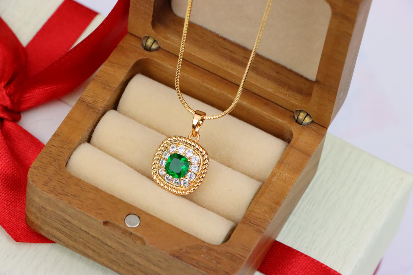 Elegant Green Cushion Pendant with Gold and Crystal Accents, XPPT1660 (2163-1)