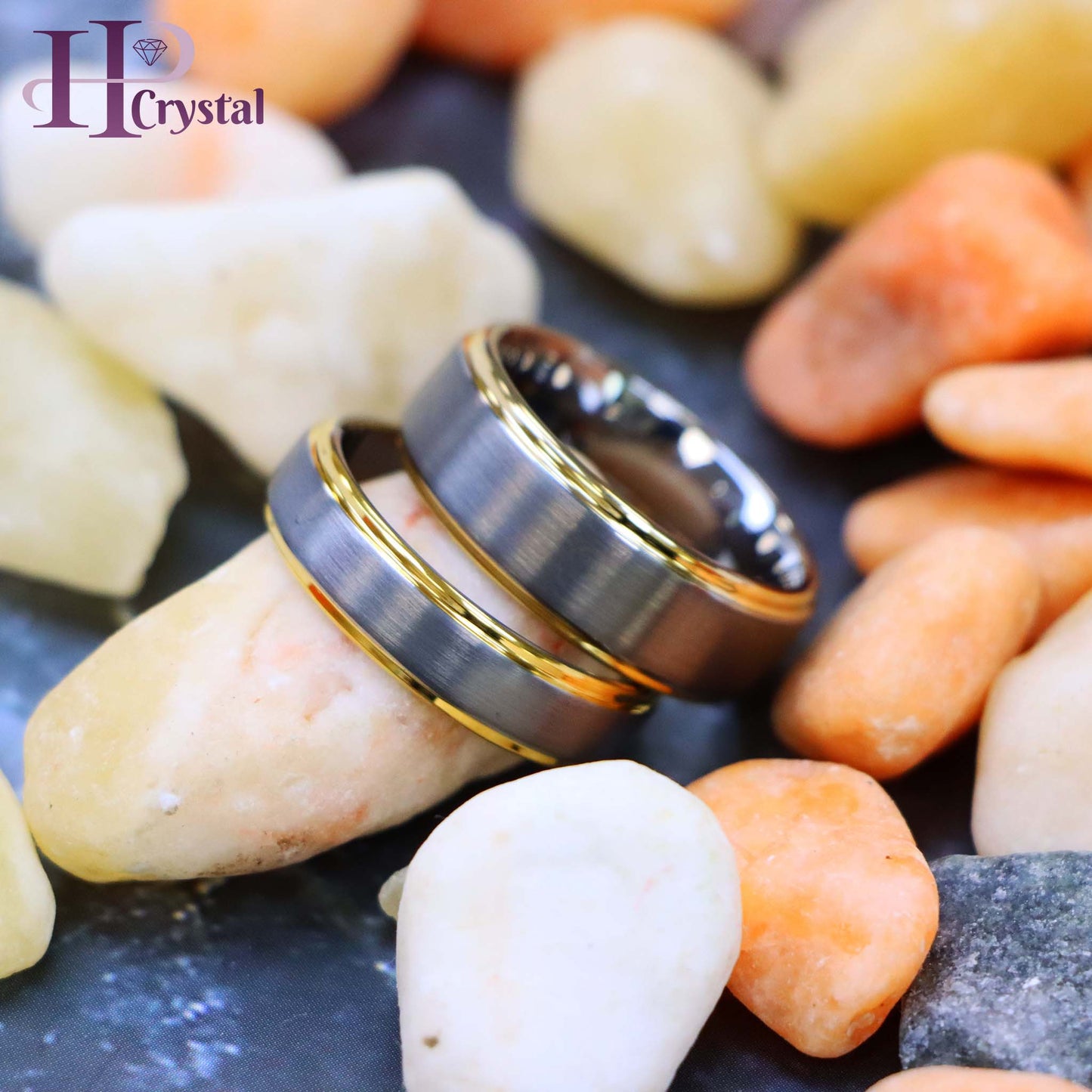 Brushed Center Yellow Gold Plated High Polish Stepped Edge Tungsten Ring