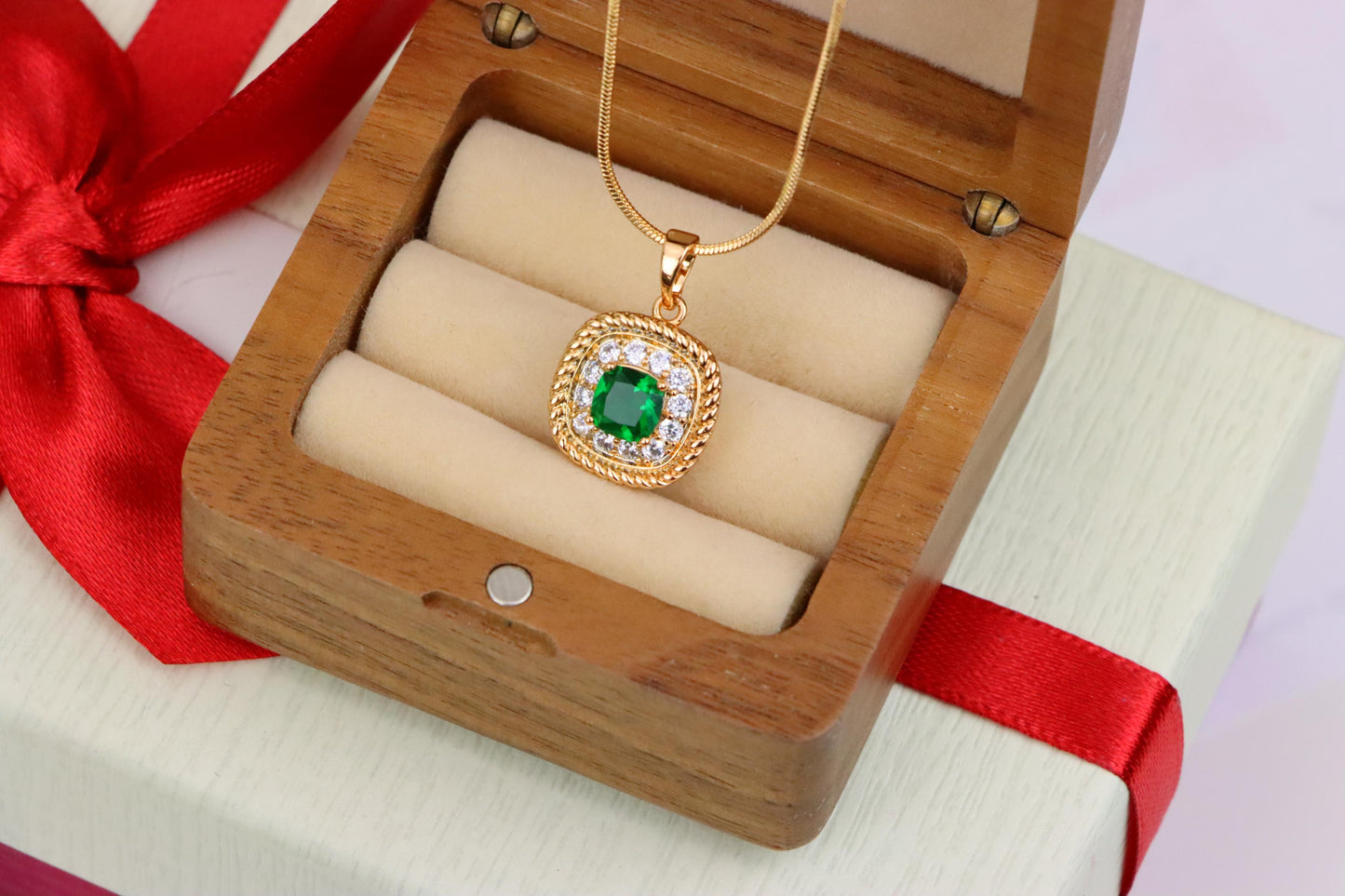 Elegant Green Cushion Pendant with Gold and Crystal Accents, XPPT1660 (2163-1)