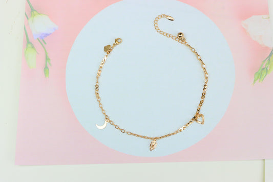 Rose Gold Anklet with Heart, Leaf & Moon Charms, XPAL1046 (2105-5)