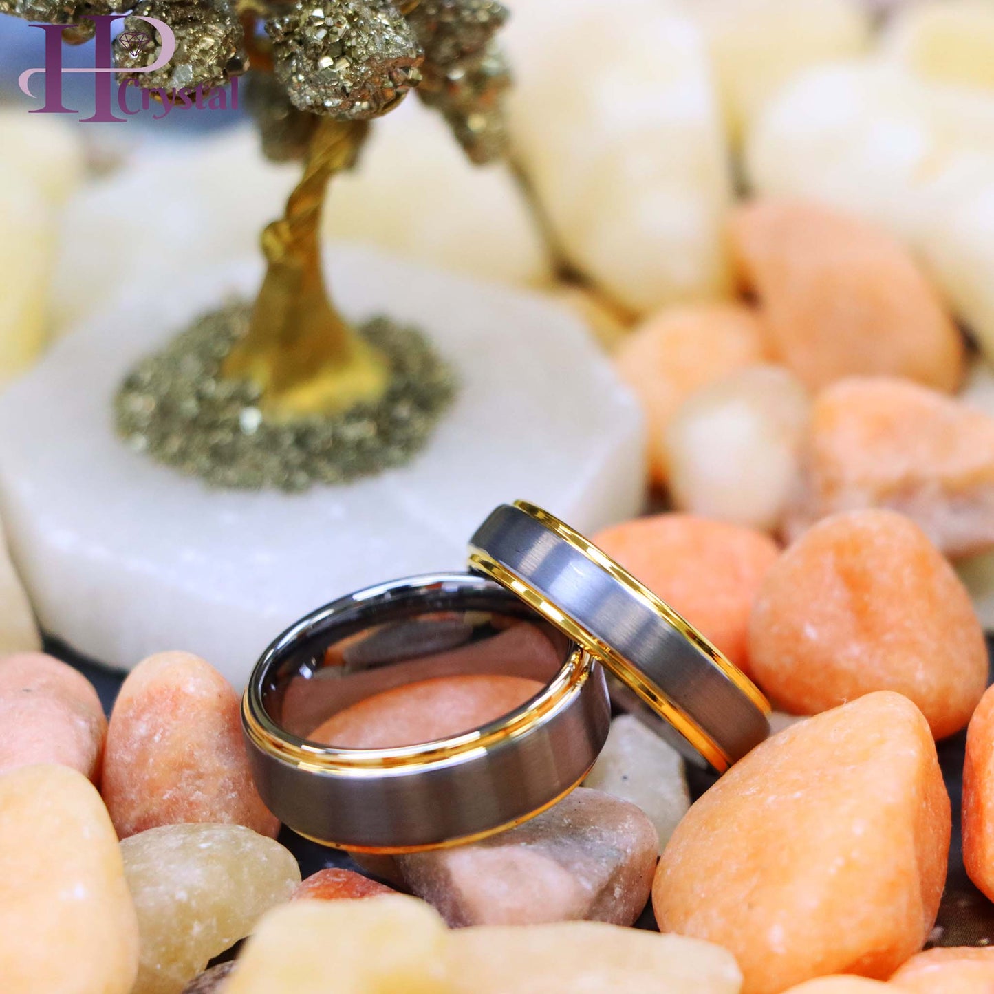 Brushed Center Yellow Gold Plated High Polish Stepped Edge Tungsten Ring