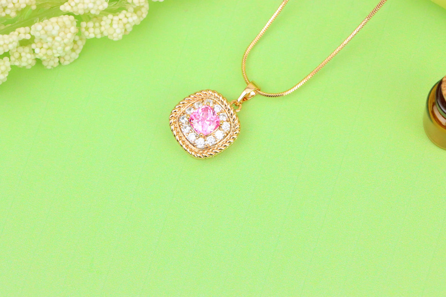Chic Pink Cushion Pendant with Sparkling Crystal Halo Accents, XPPT1661 (2163-1)