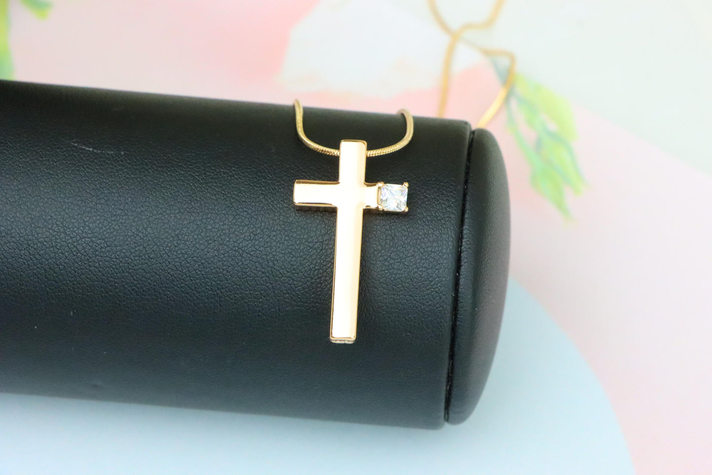 Rose Gold Cross Pendant with Square Crystal Accent in Sleek Finish, XPPT1493 (2139-2)
