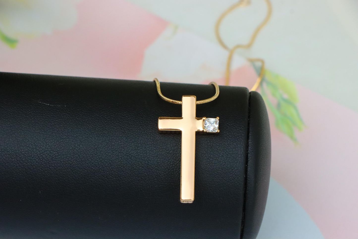 Rose Gold Cross Pendant with Square Crystal Accent in Sleek Finish, XPPT1493 (2139-2)