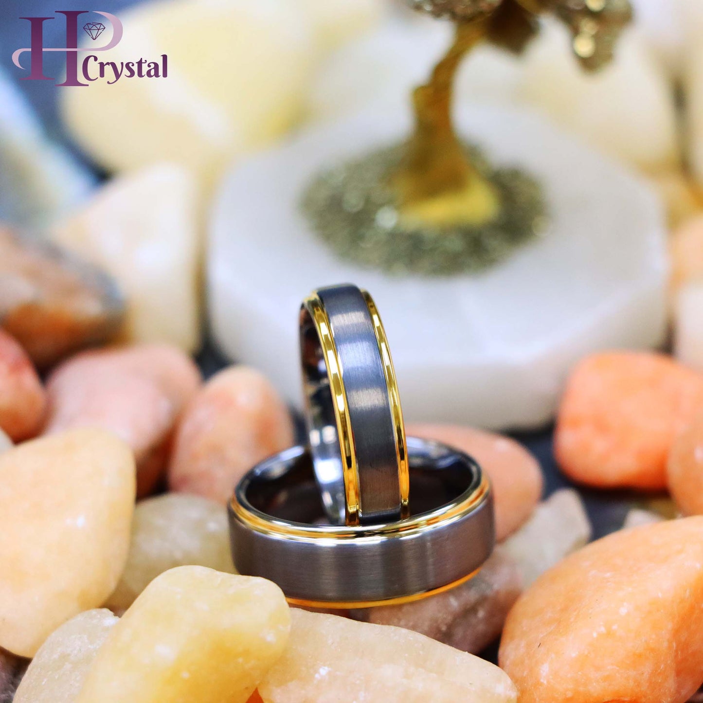 Brushed Center Yellow Gold Plated High Polish Stepped Edge Tungsten Ring